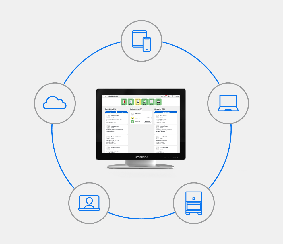 Graphic representing the connectivity of IDEXX products and solutions with the IDEXX VetLab System.