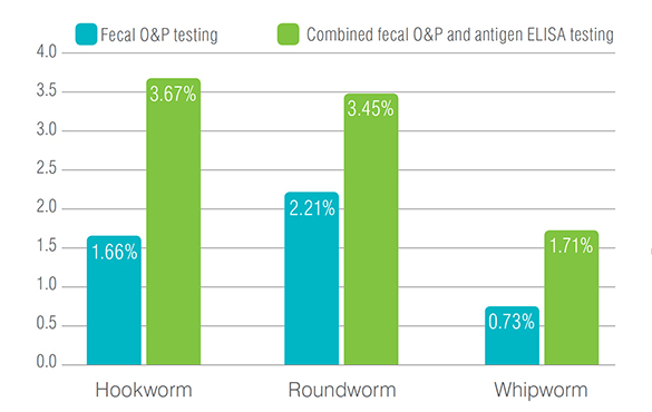 Bar graph showing how fecal dx antigen find 2x more hookworm, roundworm, and ringworm infections than O&P alone