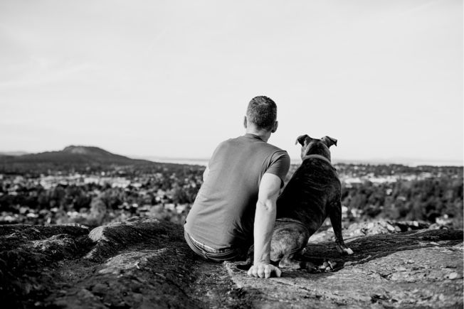 Person and dog on overlook from behind.
