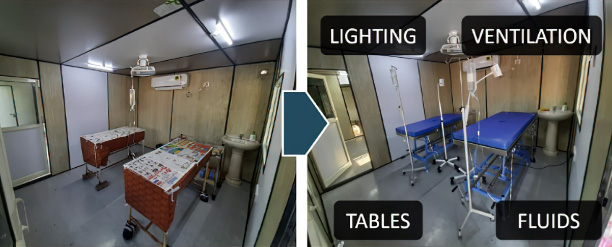 The inside of a clinic built into a shipping container.