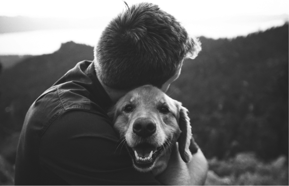 Man embracing golden retriever.