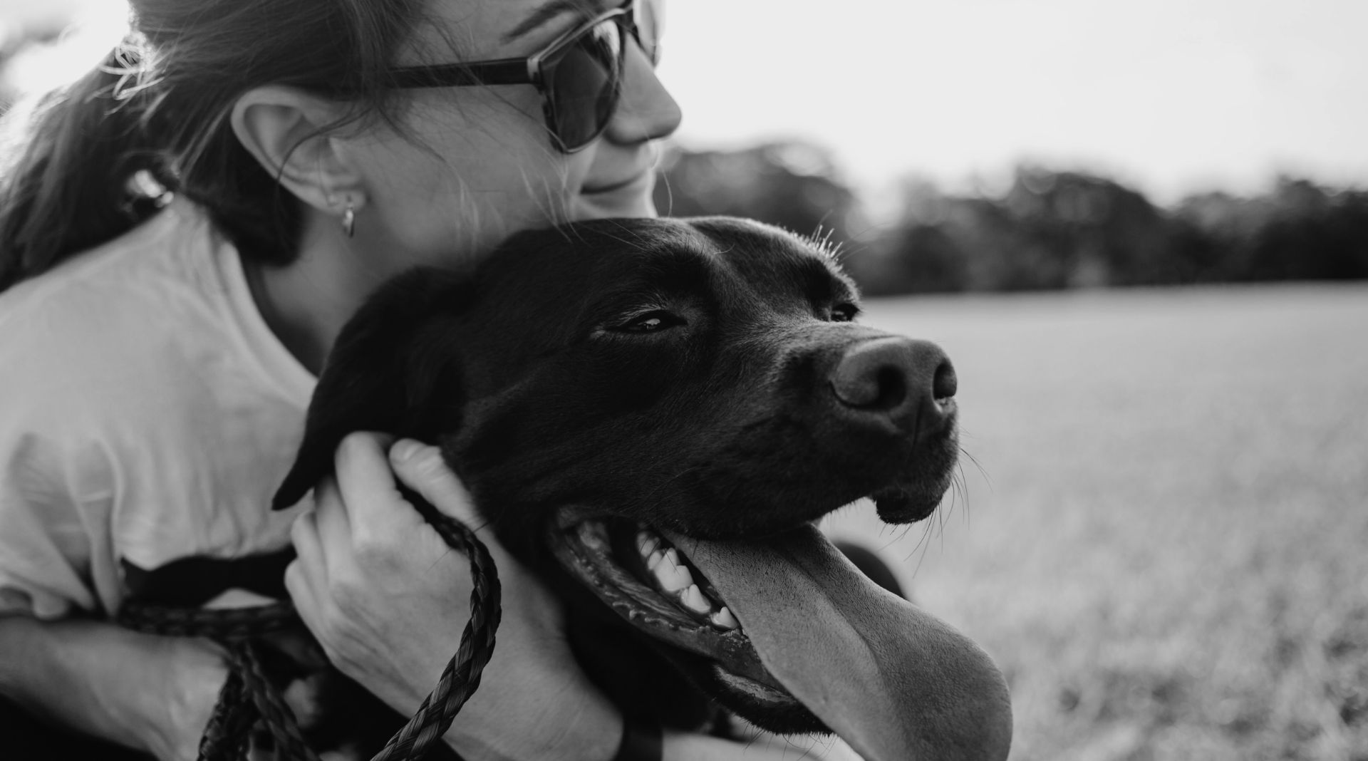 Woman hugging black labrador in field.