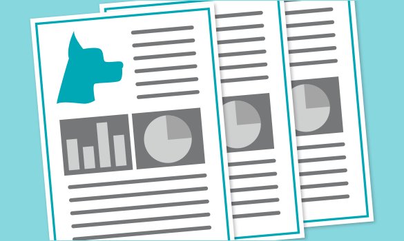 Graphic depicting three reference documents for practice managers with graphs and a dog profile on a blue background.