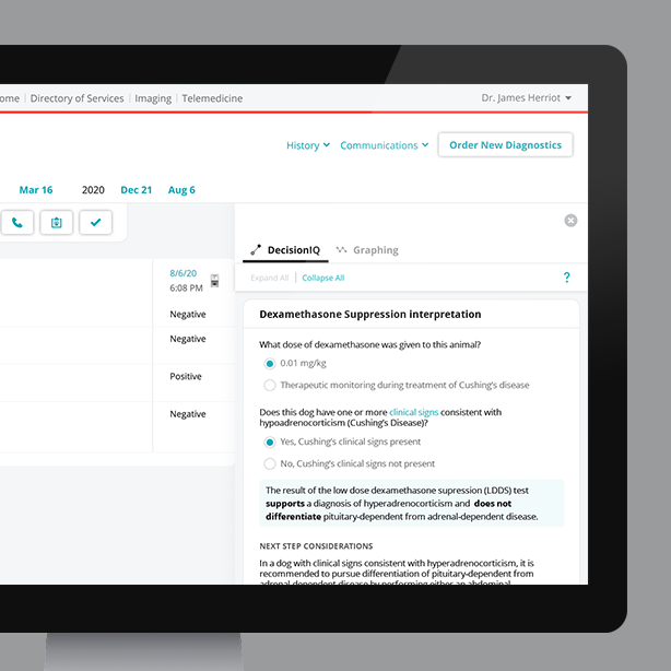 Screenshot of VetConnect PLUS Dexamethasone Suppression Interpretive Support IDEXX DecisionIQ feature.