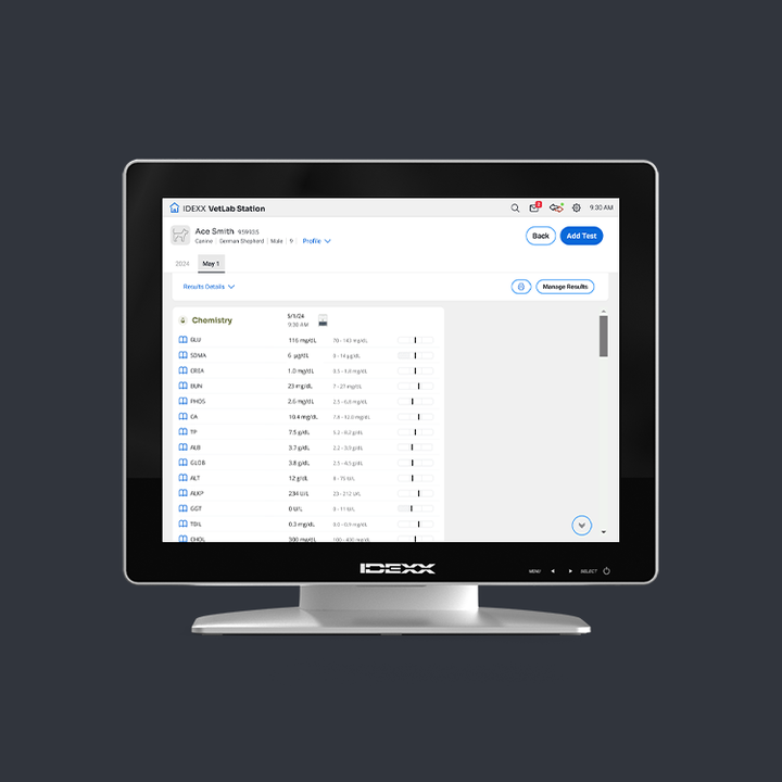 Results shown from the Catalyst One veterinary chemistry analyzer.