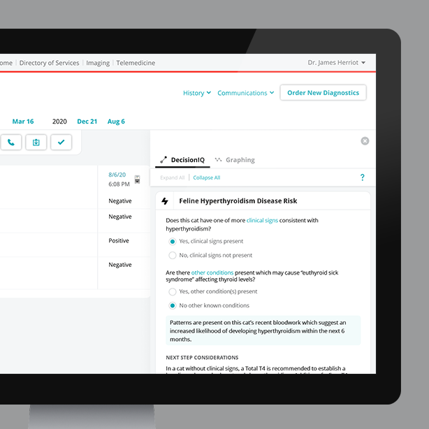 Screenshot of VetConnect PLUS Feline Hypothyroid Risk indicator IDEXX DecisionIQ feature.