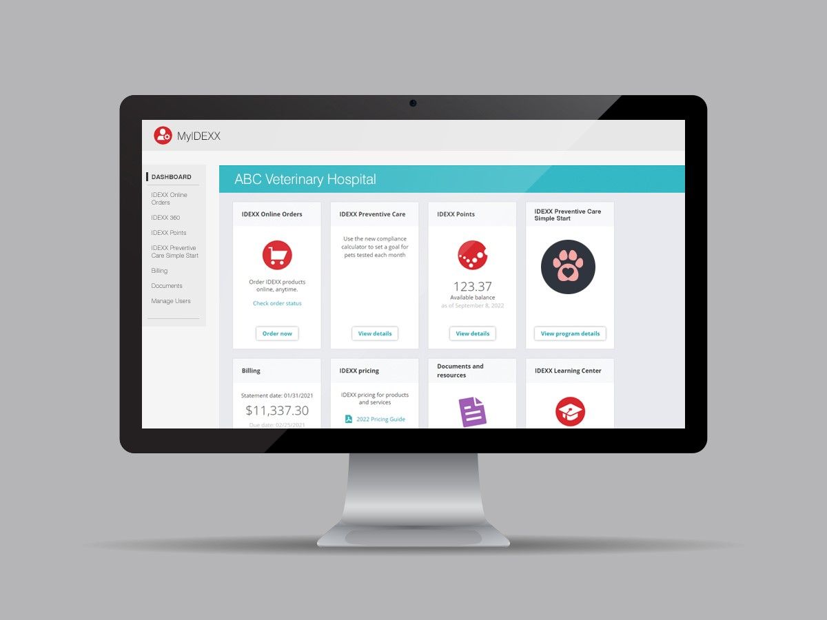MYIDEXX administrator dashboard for Canada customers shown on a monitor - IDEXX Preventive Care Challenge Coming Soon