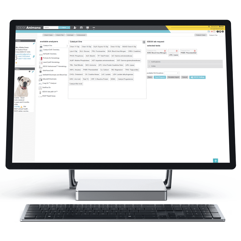 IDEXX Animana displaying in-clinic laboratory integration on desktop