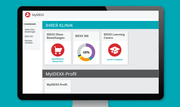 MYIDEXX administrator dashboard in German shown on a monitor
