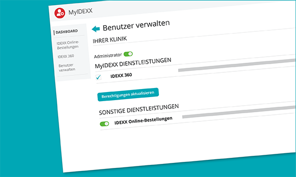 MYIDEXX administrator dashboard showing the Manage Users page in German