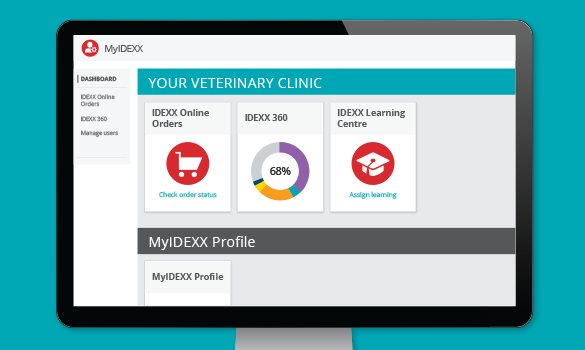 MYIDEXX administrator dashboard for customers shown on a monitor