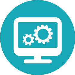 Teal icon of computer with gears on screen.