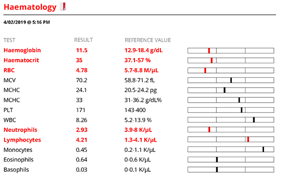 Screenshot of Bella's haematology report