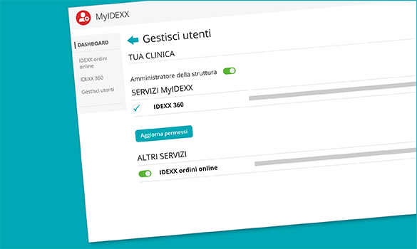 MYIDEXX administrator dashboard showing the Manage Users page in Italian