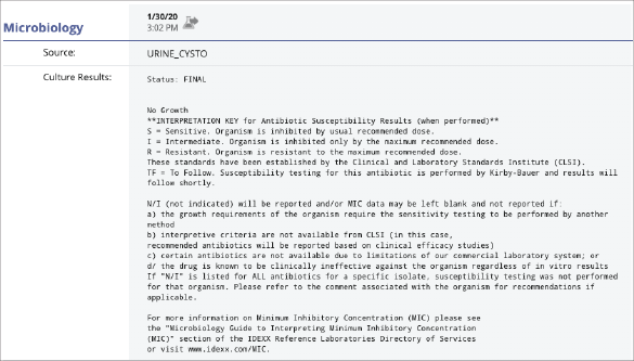 VetConnect PLUS screenshot of microbiology results for dog named Peggy