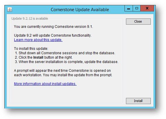 Desktop message that a Cornerstone Software upgrade is available