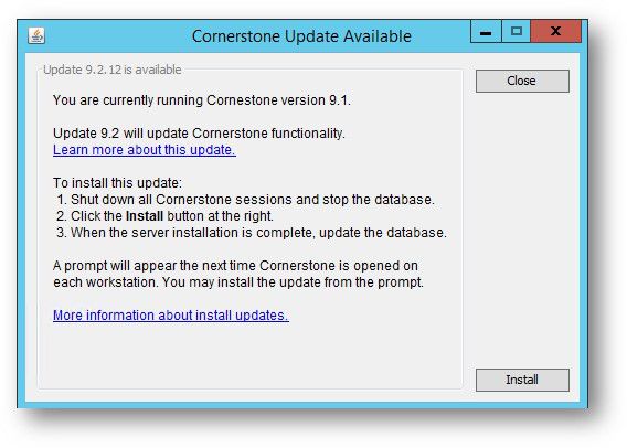 Desktop message that a Cornerstone Software upgrade is available