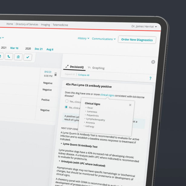 Screenshot of VetConnect PLUS 4Dx Plus Interpretive Support IDEXX DecisionIQ feature.