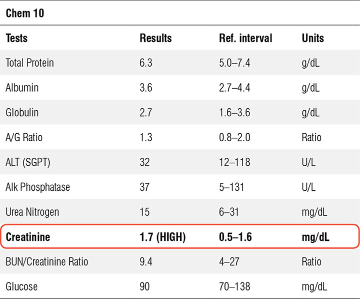 Creatinine report screenshot for Mary Jane case study