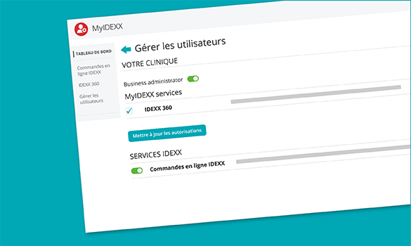 MYIDEXX administrator dashboard showing the Manage Users page in French