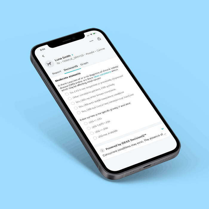 Screenshot of VetConnect PLUS chronic kidney disease IDEXX DecisionIQ feature.