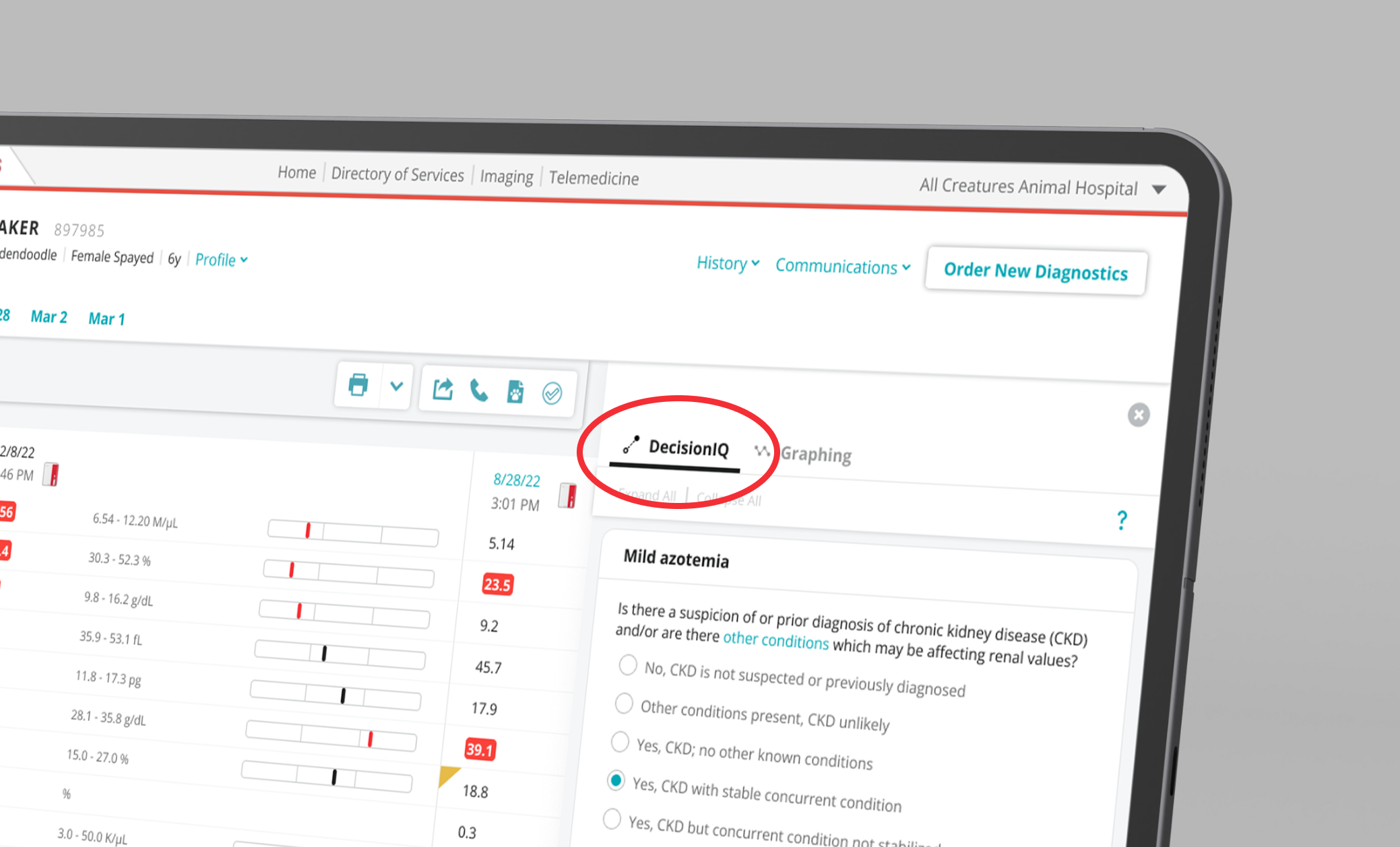 Screenshot of VetConnect PLUS CKD staging screen.