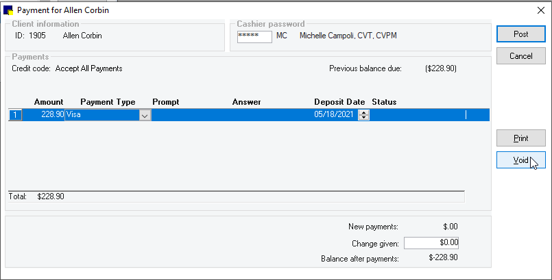 Screen displaying Cornerstone payment void