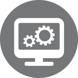 Icon depicting software integrations using a desktop screen and gears