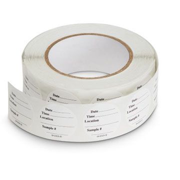 Roll of 1,000 adhesive vessel labels showing date, time, location, and sample number