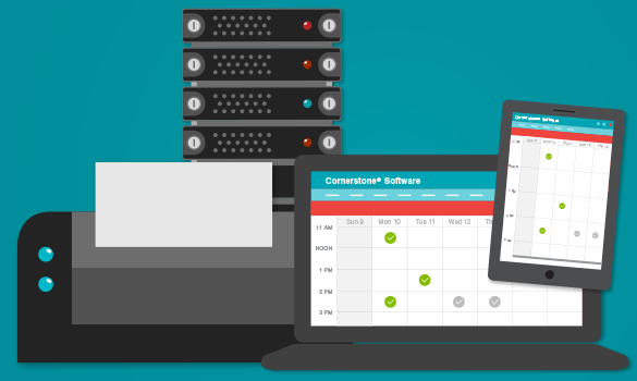 Laptop and mobile phone with Cornerstone Software interface on the screen alongside a server and a printer.
