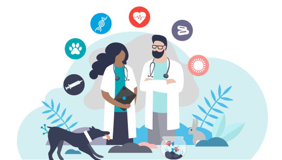 An illustration of two members of a veterinary team and several animals.