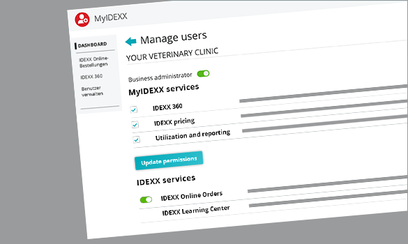 MYIDEXX administrator dashboard showing the Manage Users page in German