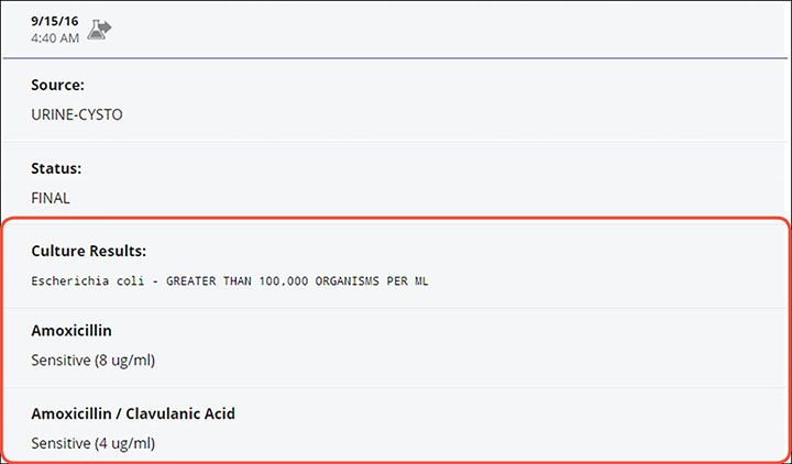 Urine culture report screenshot for Reese case study