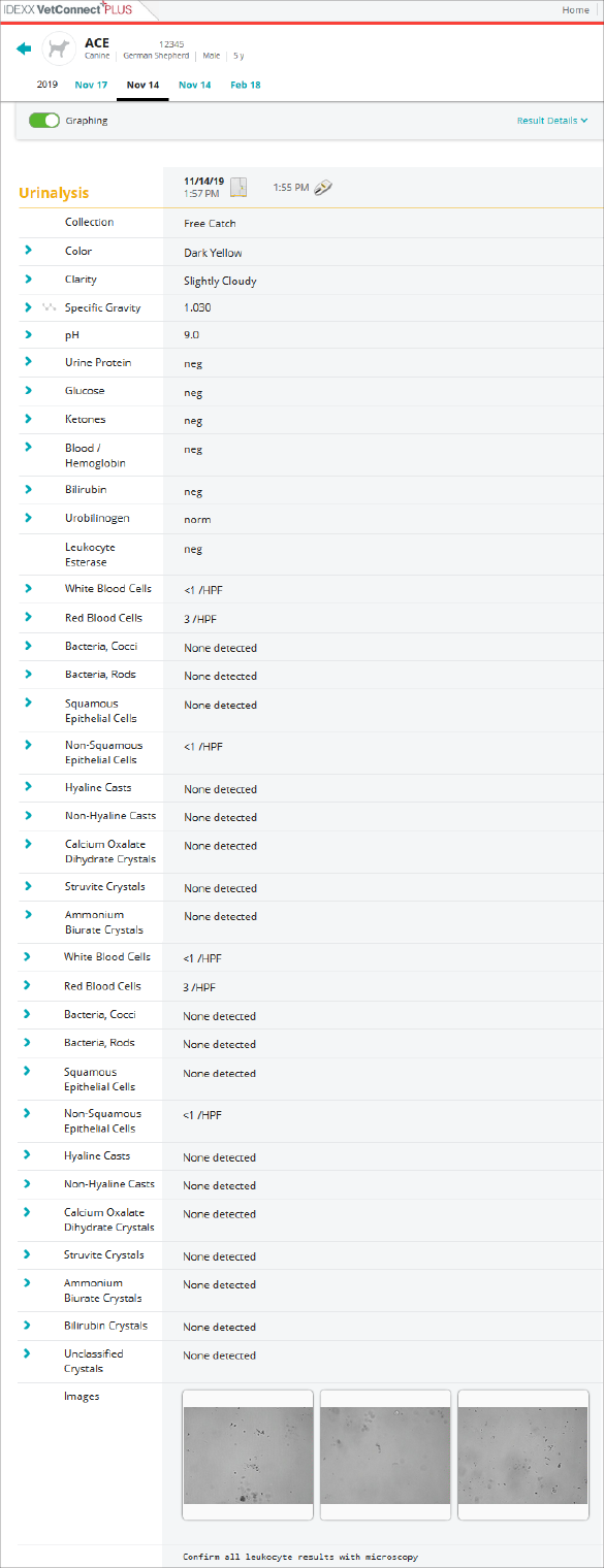 Ace’s urinalysis results from IDEXX Reference Laboratories viewed in VetConnect PLUS