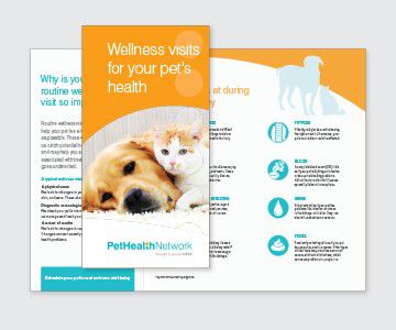 Front cover and inside spread of the preventive care brochure for pet owners with dog and cat on front cover from Pet Health Network.