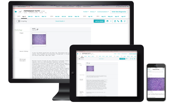 Three screens showing the VetConnect PLUS application