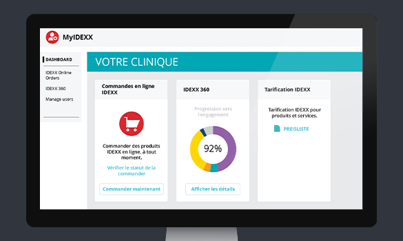 MYIDEXX administrator dashboard in French shown on a monitor