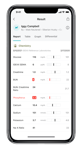 VetConnect PLUS mobile app report view.