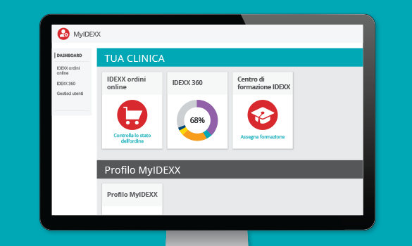 MYIDEXX administrator dashboard in Italian shown on a monitor