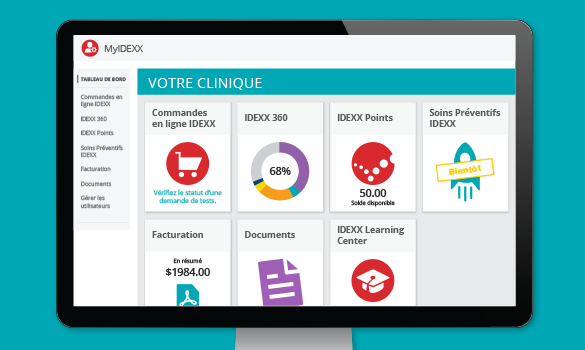 MYIDEXX administrator dashboard for Canada french-speaking customers shown on a monitor - IDEXX Preventive Care Challenge coming soon