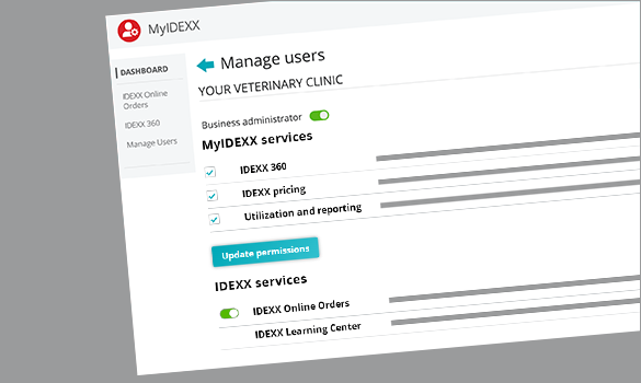 MYIDEXX administrator dashboard showing the Manage Users page for customers