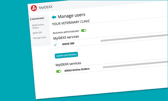 MYIDEXX administrator dashboard showing the Manage Users page for customers