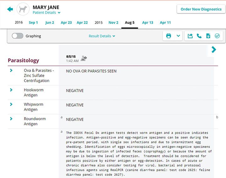 Screenshot of Parasitology report for the Mary Jane case study