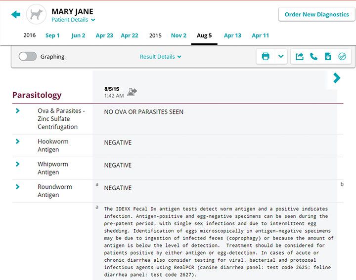 Screenshot of Parasitology report for the Mary Jane case study