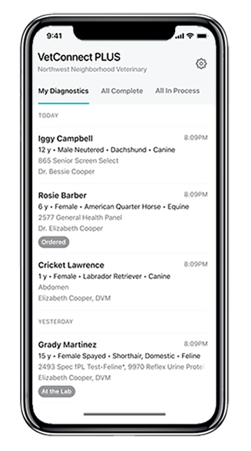 VetConnect PLUS mobile app My Diagnostics screen.