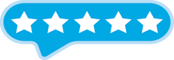 5 white stars on blue speech bubble representing a high customer rating