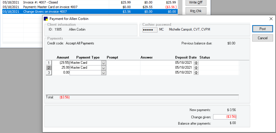 Cornerstone screen displaying payment correction
