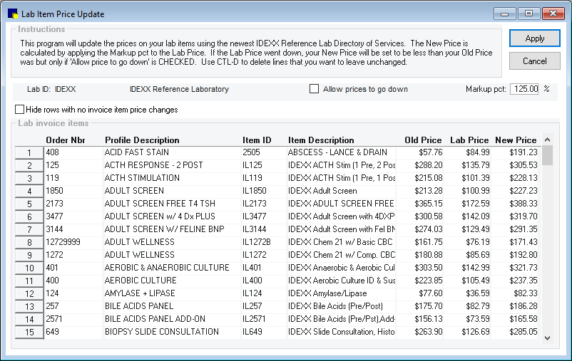 Cornerstone lab price update screenshot.