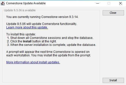 Screenshot of Cornerstone Upgrade not available.