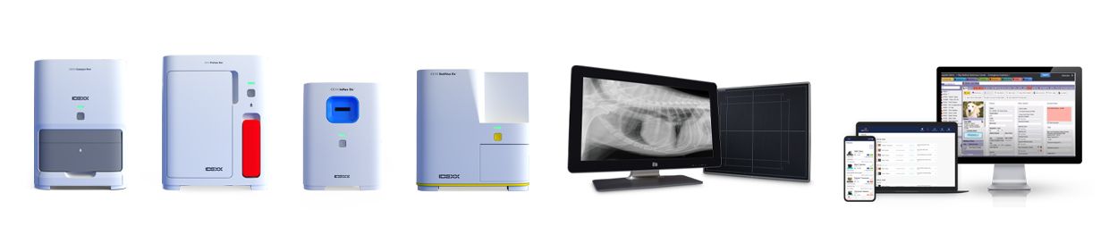 Lineup of IDEXX analyzers, diagnostic imaging, and practice management software offerings.